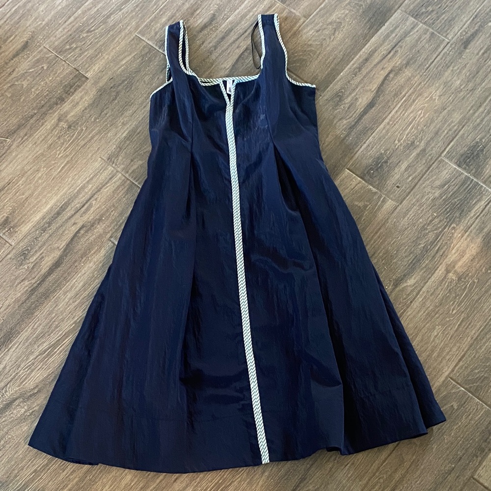 glam Navy A-Line Tank Dress with White and Green  Contrast Trim Large